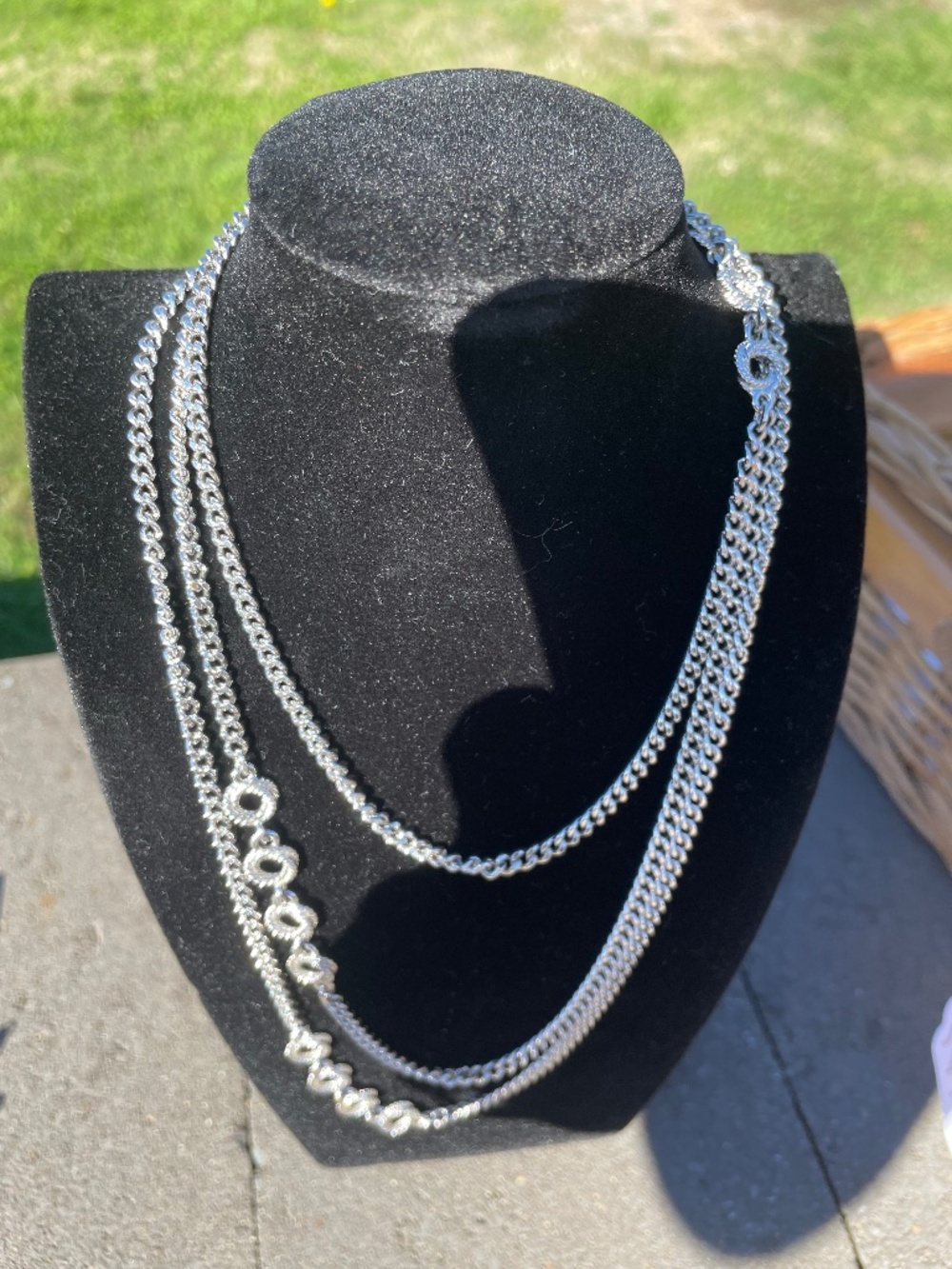 Vintage MONET Signed Triple Strand Silver Chain Statement Necklace Description:
